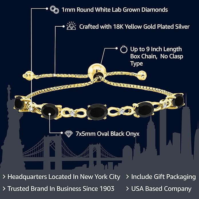 Gem Stone King 7X5MM Oval Cut Gemstone Birthstone and Accent Lab Grown Diamond Tennis Bracelet For Women In 18K Yellow Gold Plated Silver | Adjustable Bolo Bracelet For Women | Easy-On Easy-Off