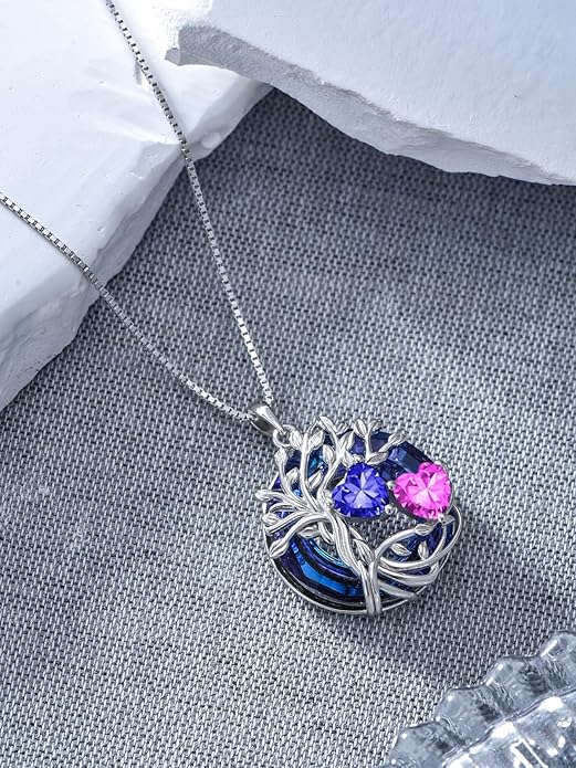 TOUPOP s925 Sterling Silver Family Celtic Tree of Life Pendant Necklaces with 2 Heart Birthstone with Blue Austrian Crystal Jewelry Birthday Valentines Day Gifts for Her, Anniversary Christmas Gifts for Wife Girlfriend Mom (18K Real White Gold Filled)