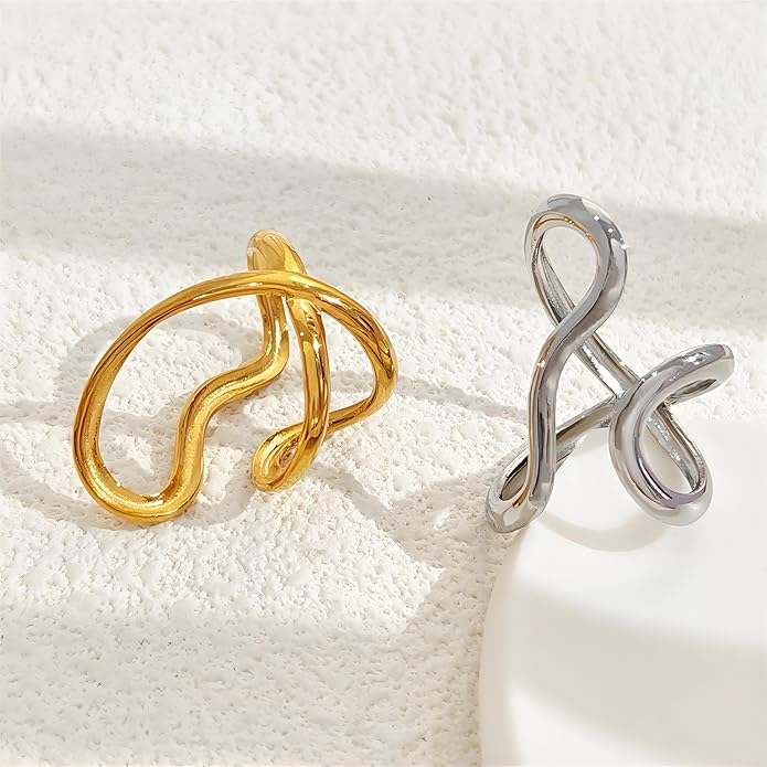 Chunky Rings For Women, Gold Silver Thumb Ring Asymmetrical Wavy Curve Ring Adjustable Non Tarnish Dainty Stainless Steel New Year Anniversary Birthday Jewelry Gift