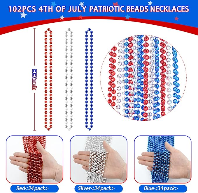 SHAOQINLIN 100 PCS Patriotic Bead Necklaces, 4th of July Accessories 33 Inch Metallic Red/Silver/Blue Beaded Necklace for Patriotic Day, Carnival Party Favor