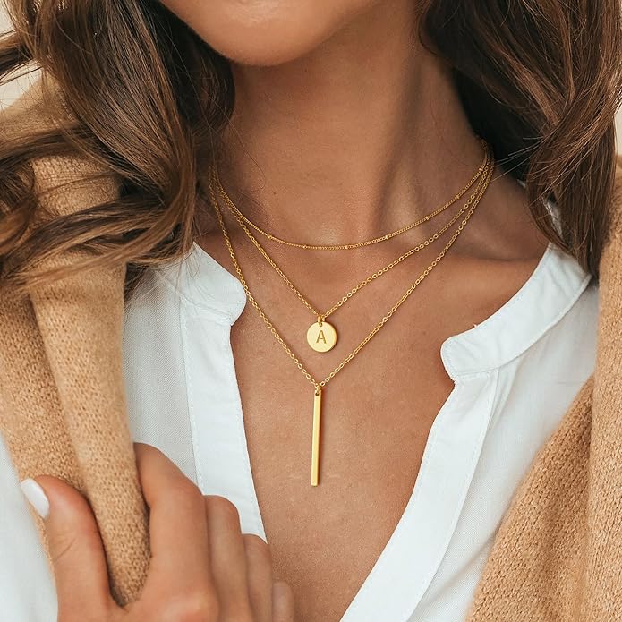 Valentines Gifts for Her - Initial Layered Necklaces for Women, 14K-Gold-Plated Coin Letter Necklace Bar Stacking Layer Necklace Multi Bar Layering Y-Necklaces Jewelry for Women