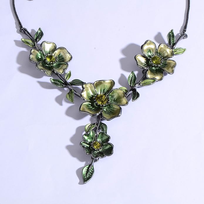 AMYJANE Vintage Statement Jewelry Set - Spring Leaf Flower Floral Plant Necklace Earring Set Crystal Rhinestone Fashion Costume Jewelry for Women Prom Party Unique Gift
