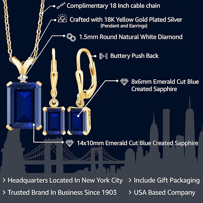 Gem Stone King 9-13 Cttw Pendant and Earrings Jewelry Set For Women | Emerald Cut 14X10MM and 8X6MM | Round 1.5MM | Gemstone Birthstone and Diamond | 925 Sterling Silver | 18 Inch Silver Chain