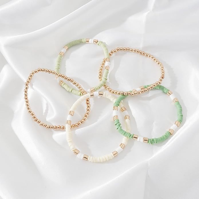 GOOJIDS Surfer Heishi Clay Bead Bracelets for Women Bohemian Stackable Gold Plated Beaded Stretch Bracelets Elastic Layering Friendship Bracelets Set Boho Jewelry