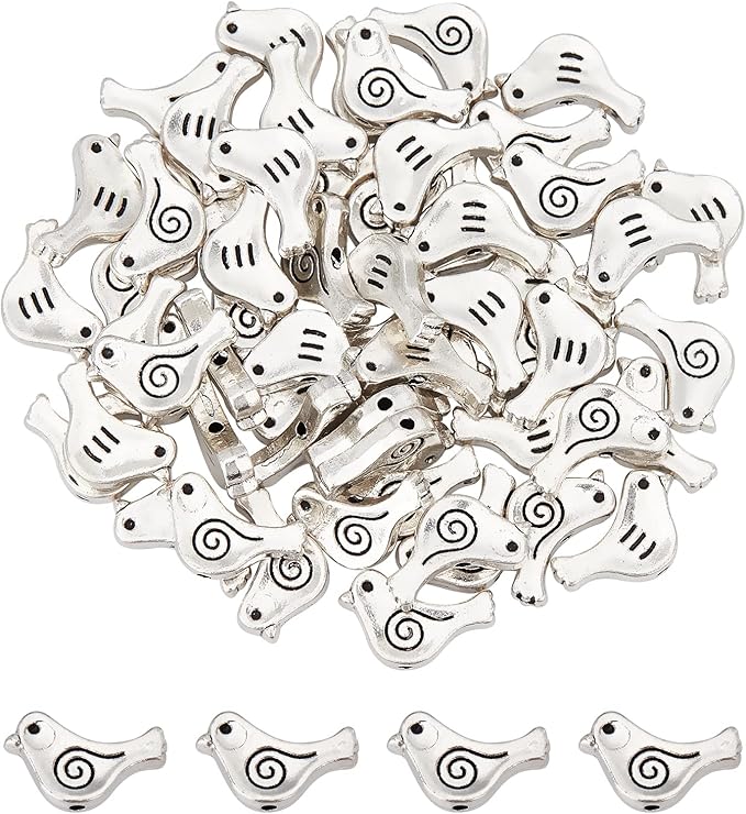 NBEADS 60 Pcs Bird Shape Loose Alloy Beads, Tibetan Style Metal Spacer & Animal Charm Beads With Container for Bracelet, Necklace, Earrings - Antique Silver
