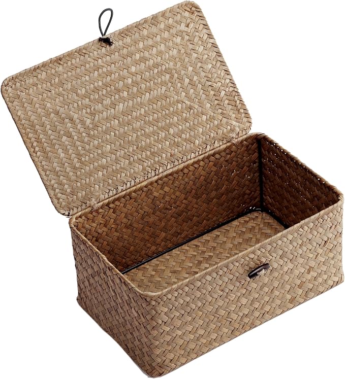 Nonam Small Wicker Basket with Lid, Seagrass Shelf Storage Basket, Coffee | by Home