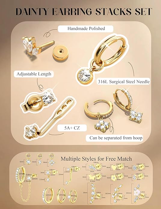 18 PCS Single Cartilage Studs Earrings Women Trendy 14k Gold Plated Flat Back Earings Stacks Dainty Small Pendant Dangle Huggie Hoops Earring Cubic Zirconia Flatback Stud Sets for Multiple Piercing