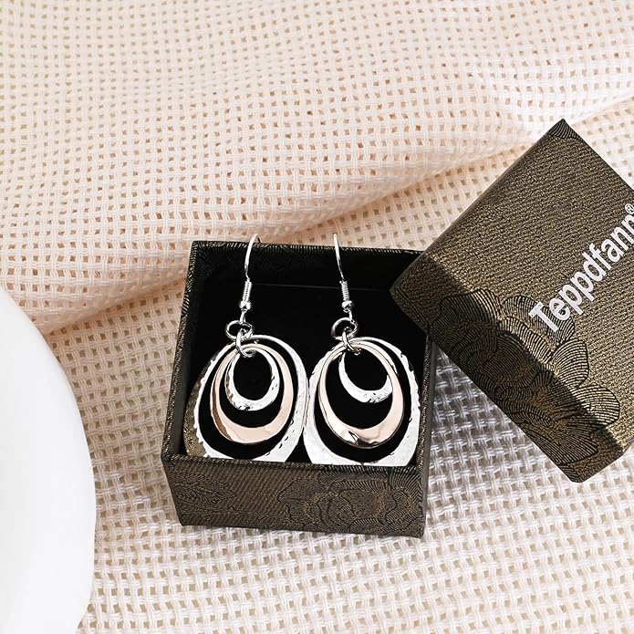 Boho Three Oval Drop Dangle Earrings Silver Earrings for Women Trendy Two Tone Bohemian Jewelry for Thanksgiving and Christmas Gifts