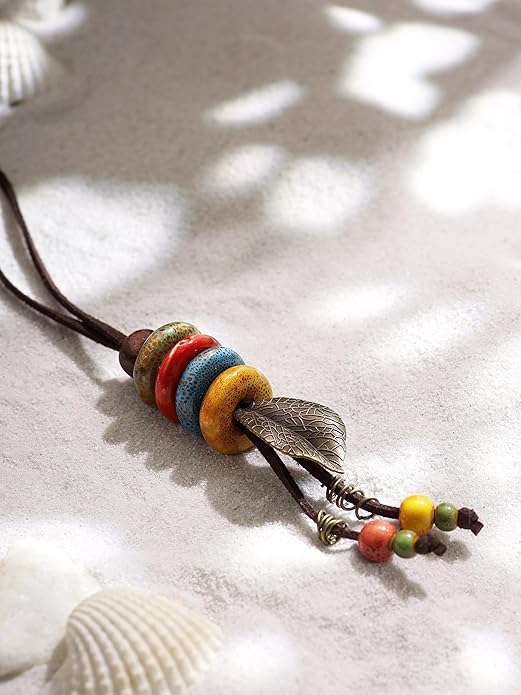 MINACHI Vintage Bohemian Leaf Charm Colorful Ceramic Bead Long Y Necklace, Boho Jewelry Gift for Women