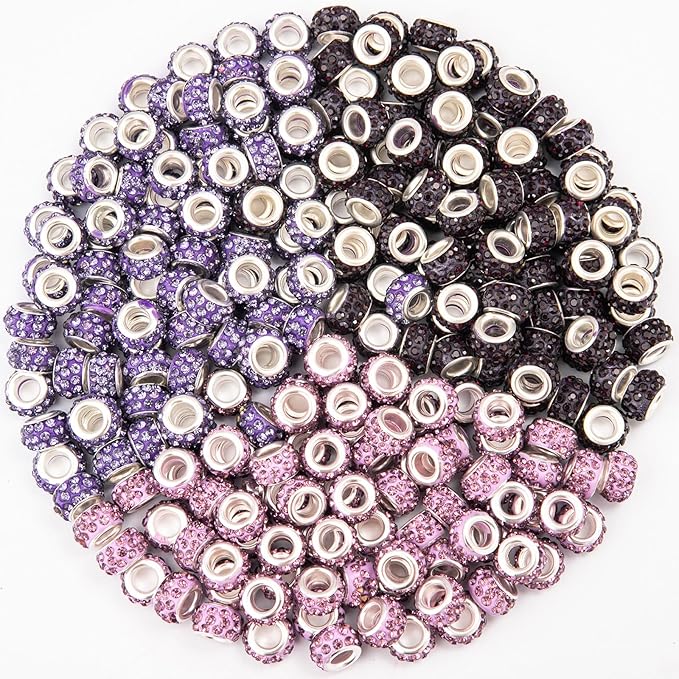 200 Pieces European Large Hole Spacer Beads, Purple European Craft Beads Rhinestone Lampwork Beads Fairy Garden Beads for DIY Charms Bracelet Necklace Earring Jewelry Making Supplies