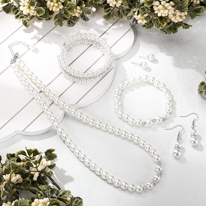 Glenmal Pearl Rhinestone Jewelry Set for Women Pearl Necklace Bracelet Earrings for Wedding Birthday Bridal Shower Tea Party