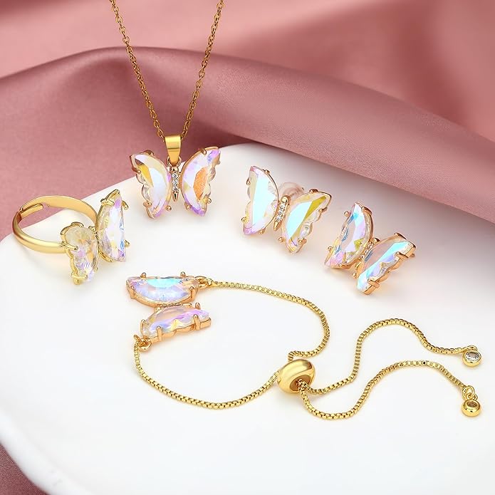 MISS RIGHT Butterfly Crystal Jewelry Set with Butterfly Necklace Stud Earrings Bolo Bracelet Adjustable Ring for Women Trendy, Iridescent Y2K Dainty Butterfly Jewelry Gifts