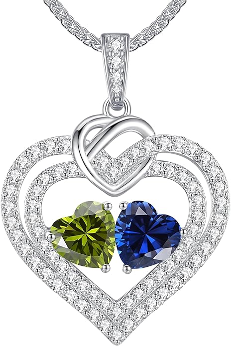 LOUISA SECRET Sparkling Double Heart Birthstone Necklaces for Women, 925 Sterling Silver Fine Jewelry, Pendant Heart Necklaces Birthday Anniversary Christmas Gift for Women Wife Mom Girlfriend Lady
