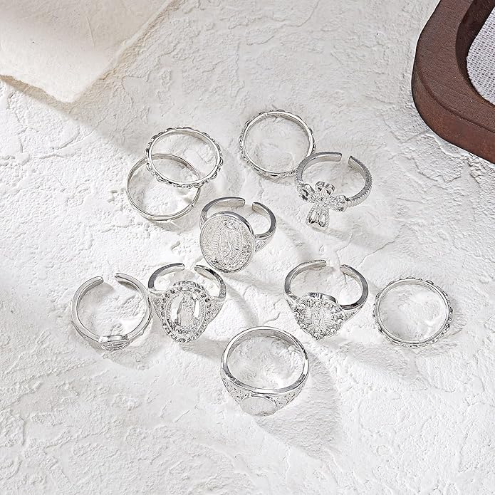 Chunky Gold Rings for Women Rhinestone Stackable Knuckle Ring Set Open Adjustable Statement Ring Set Dainty Crown Cross Midi Rings Fashion Jewelry Gift for Women