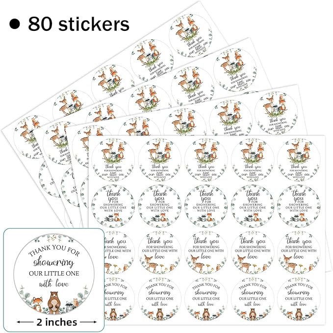 80 Pieces Cute Woodland Creature Thank You Stickers, Baby Shower Birthday Party Decorate Watercolor Forest Woodland Animals Theme Party Gift Wrap Bag Label Decorations, 4 Design Stickers
