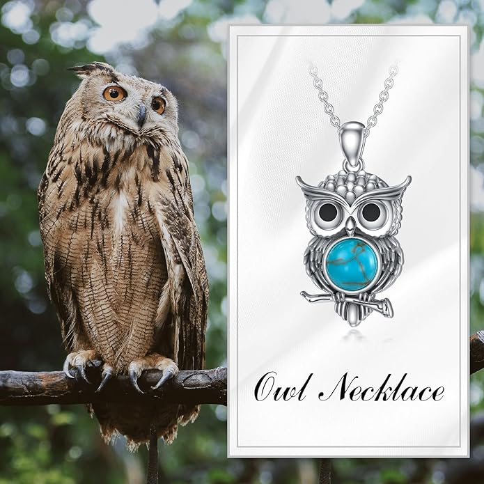 Turquoise Owl Necklace 925 Sterling Silver Genuine Turquoise Cute Animal Owl Pendant Western Boho Jewelry Gifts for Women