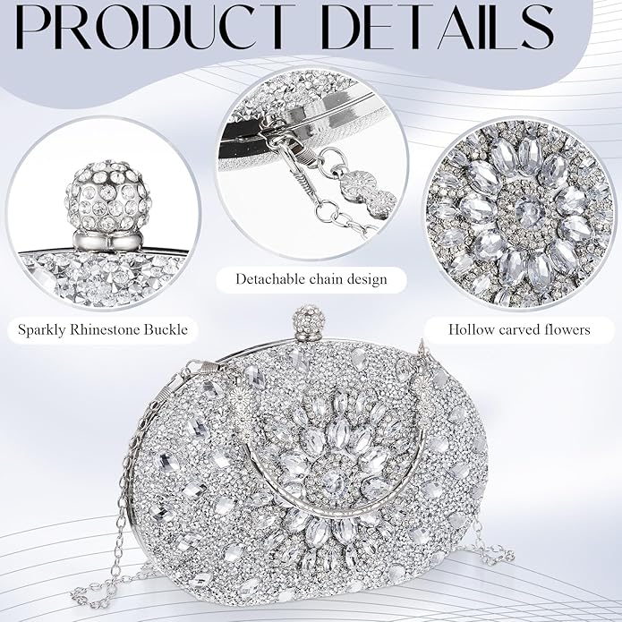 Quelay 4 Pcs Purse Rhinestone Jewelry Set Evening Clutch Bag Bling Crystal Necklace Dangle Earrings Bracelets Accessories