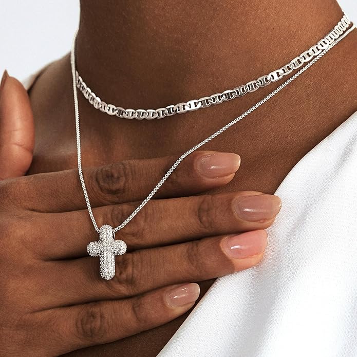 OGD Bubble Cross Necklace for Women 14k Gold Plated Cross Necklace Stackable Dainty Gold Necklace Mariner Chain Necklace CZ Cross Pendant Necklaces Set Simple Jewelry Gift