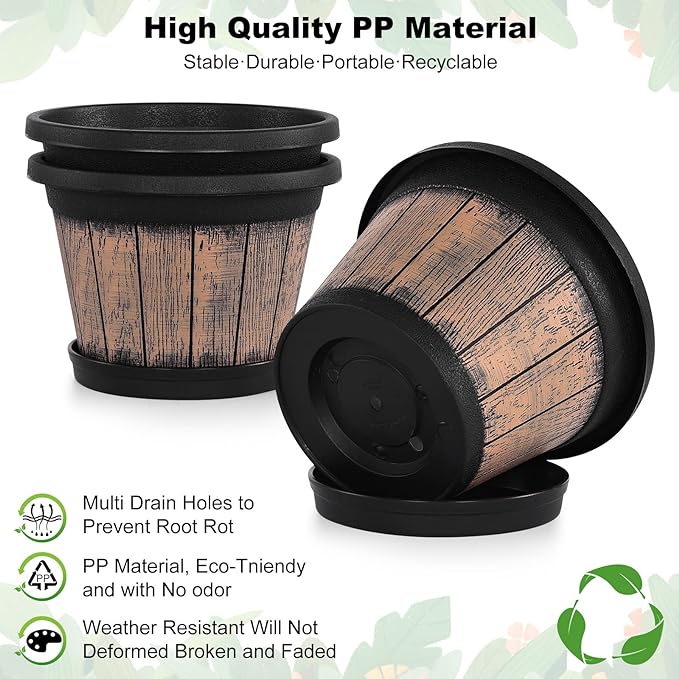 Quarut Plant Pots Set of 3 Pack 9 inch, Whiskey Barrel Planters - Image 3