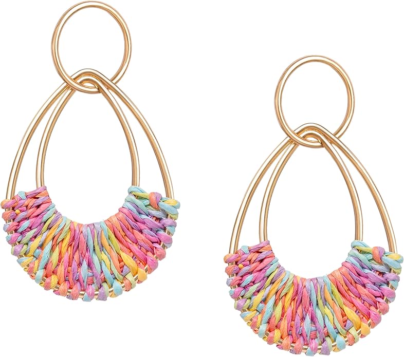Raffia Hoop Earrings for Women Fun Boho Summer Beach Earrings Lightweight Handmade Straw Wicker Rattan Dangle Earrings Statement Geometric Round Drop Earrings