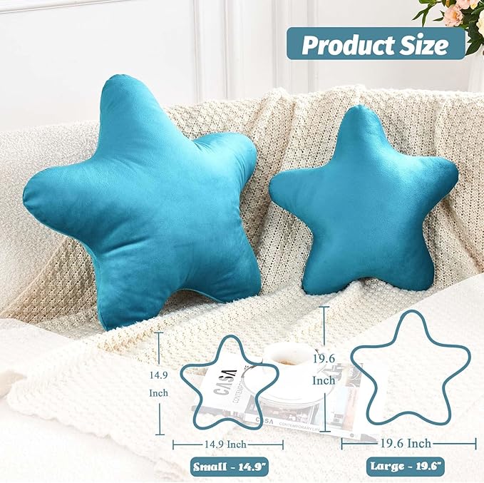 Teal Star Throw Pillow, Cute Star Pillow Room Decor, Soft 14.9" Star Shaped Decorative Throw Pillow for Bedroom, Star Plush Floor Cushions Pillows