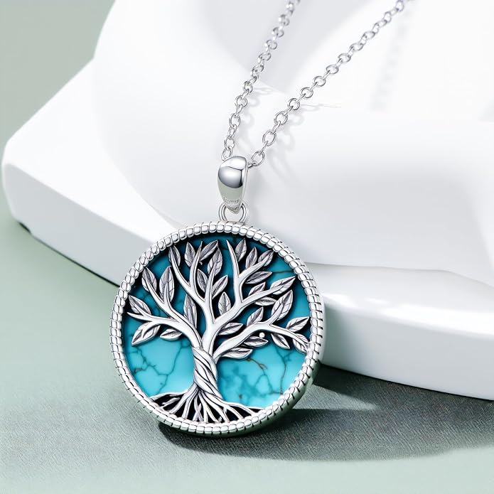 Genuine Turquoise Tree of Life Necklace Sterling Silver Boho Natural Gemstone Necklace for Women