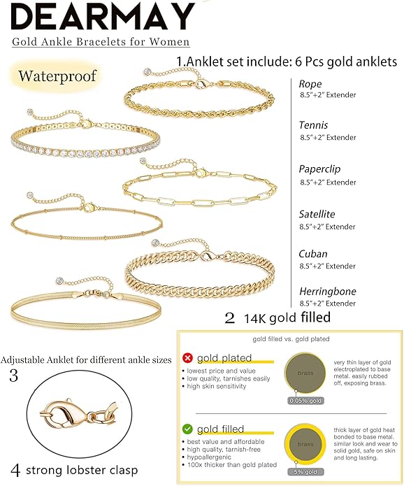 DEARMAY Dainty 14K Gold Plated Ankle Bracelets for Women, Waterproof 14K Gold Plated Link Chain Anklets Non Tarnish Set Pack Summer Beach Jewelry Gift