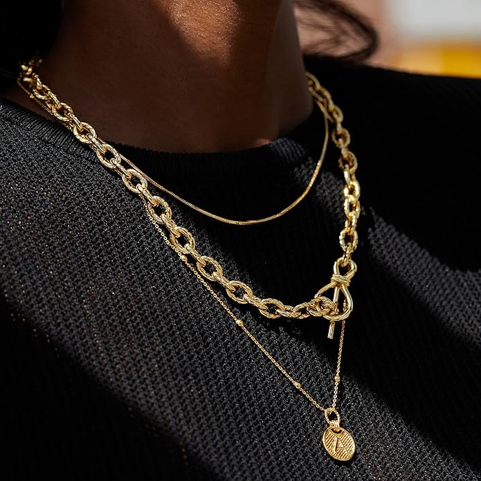 Dainty Layered Choker Necklace 18k gold Plated Y Pendant Commemorative coin Necklace Multilayer Bar Disc Necklace Adjustable Layering Choker Necklaces fashion jewelry for Women Girls
