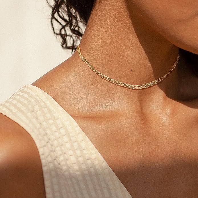 CHESKY 14k Gold Plated/Silver Plated Dainty Necklace for Women, Trendy Satellite Choker Necklace Thin Beaded Layered Choker Necklaces Discs Paperclip Chain Necklaces Womens Simple Jewelry