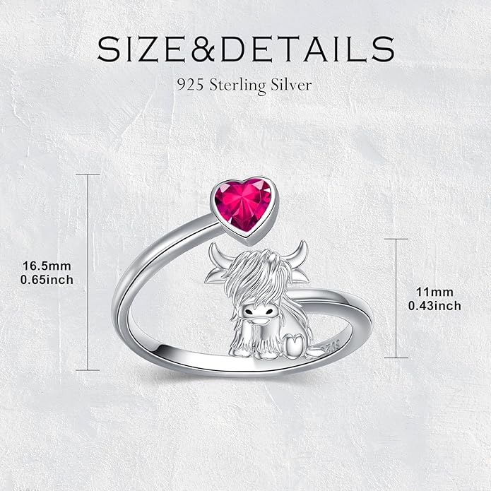 Highland Cow Ring 925 Sterling Silver Adjustable Ring Birthstone Ring Engraved Name Highland Cow Gifts Jewelry for Women