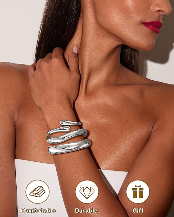 Chunky Bangle Bracelets for Women, Dainty 14k Gold Plated Big Stackable Bangles Set, Trendy Statement Women's Cuff Bracelet Stack Waterproof Chunky Bracelets Jewelry Gifts