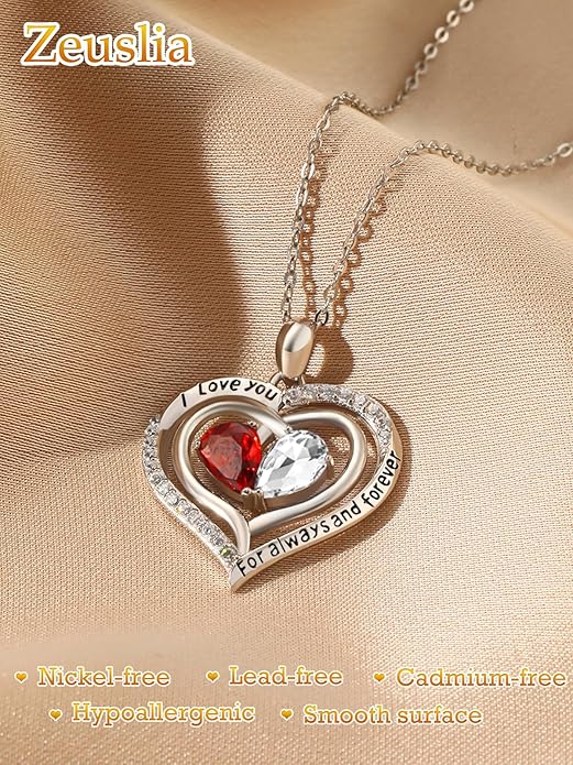 Valentine's Day Gifts for Wife 925 Sterling Silver Double Birthstone Pendant Necklaces I Love You for Always and Forever Necklace Anniversary Birthday Gifts for Wife Girlfriend Mom Her