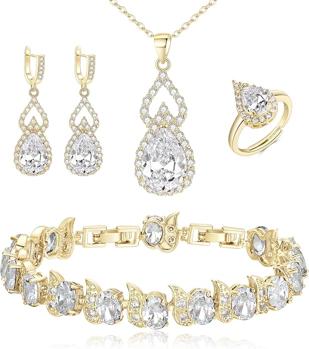 BriLove Wedding Jewelry Set for Women Bride Bridesmaid, Gorgeous Cubic Zirconia Teardrop Necklace Earrings Bracelet Adjustable Ring Jewelry Gift for Birthday/Anniversary/Mother’s Day