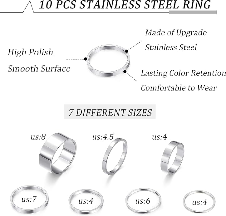 HAIAISO Silver Rings for Women Non Tarnish Stainless Steel Rings Set Dainty Gold Band Ring Stack Simple Stackable Thumb Pinky Ring for Multiple Size