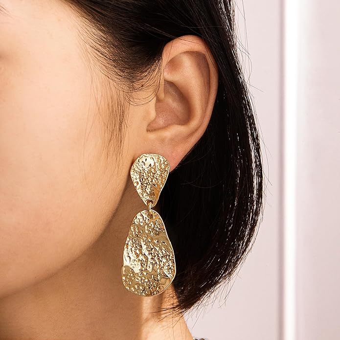 Chunky Gold Earrings for Women - Hammered Gold Plated Dangle Drop Jewelry Gifts