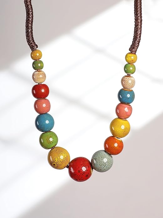 MINACHI Hippie Boho Colorful Ceramic Round Beads Strand Necklace, Bohemian Fashion Statement Jewelry Gift for Women