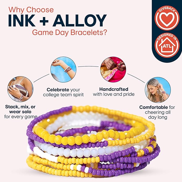 INK + ALLOY Game Day Bracelet Stacks, Beaded Bracelets for Football Gameday Outfits, Handmade Jewelry for College Students, Teachers, Football Moms, Set of 10