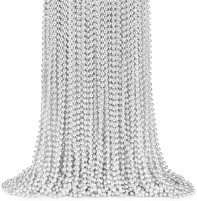 ZYFLSQ 100 Pcs 33" 7mm Metallic Silver Beads Necklaces, Bulk Mardi Gras Beaded Necklaces, Party Beads Costume Necklaces (Silver)