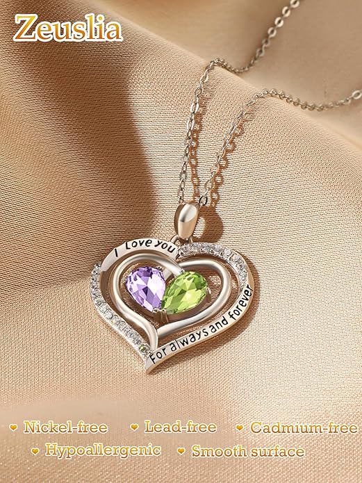 Valentine's Day Gifts for Wife 925 Sterling Silver Double Birthstone Pendant Necklaces I Love You for Always and Forever Necklace Anniversary Birthday Gifts for Wife Girlfriend Mom Her