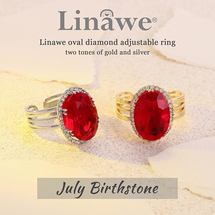 Linawe Birthstone Chunky Adjustable Rings for Women, Gold/Silver/Rose Gold Statement Rings, Imitation Diamond Fake Gemstone Crystal Cocktail Ring, Cubic Zirconia Costume Jewelry