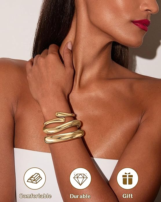 Chunky Bangle Bracelets for Women, Dainty 14k Gold Plated Big Stackable Bangles Set, Trendy Statement Women's Cuff Bracelet Stack Waterproof Chunky Bracelets Jewelry Gifts