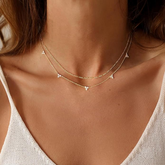 Layered Necklaces for Women,Dainty 14k Gold Plated CZ Layered Choker Necklace for Women Trendy Non Tarnish Hypoallergenic Beaded Paperclip Chain Necklace Stack Women's Minimalist Gold Jewelry Gifts