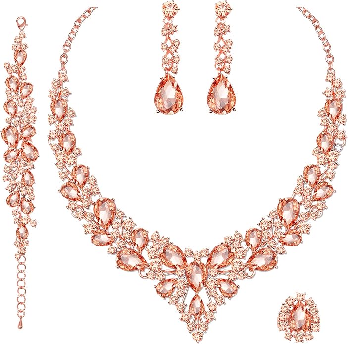 CSY 4 Pcs/Set Austrian Crystal Necklace Earrings Bracelet Ring Bridal Jewelry Sets for Brides Wedding Party Costume Accessories Gifts for Women