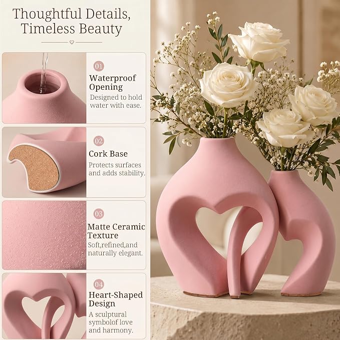 Ceramic Flower Vases Table Decor Heart Shaped Vase Set of 2 Pink | Nordic Heart - Image 7