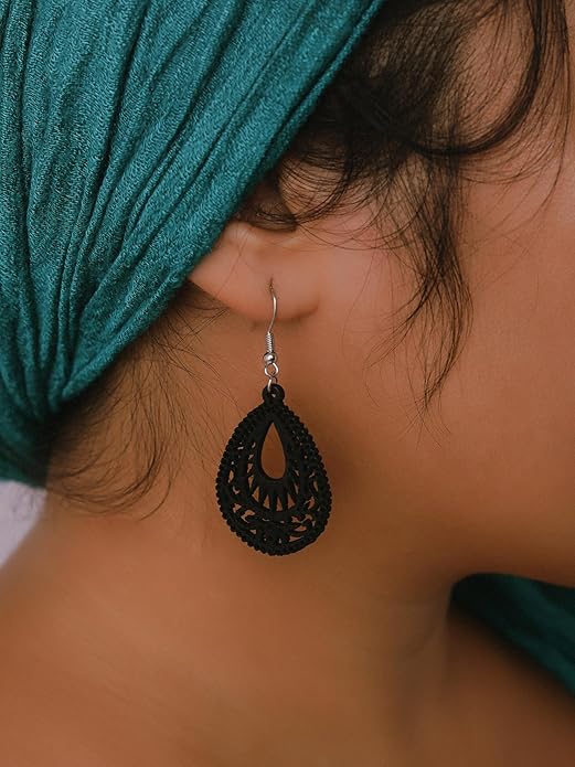 MINACHI Bohemian Hollow Cut-Out Wood Leather Dangle Drop Earrings, Boho Chic Hippie Statement Jewelry Gift for Women