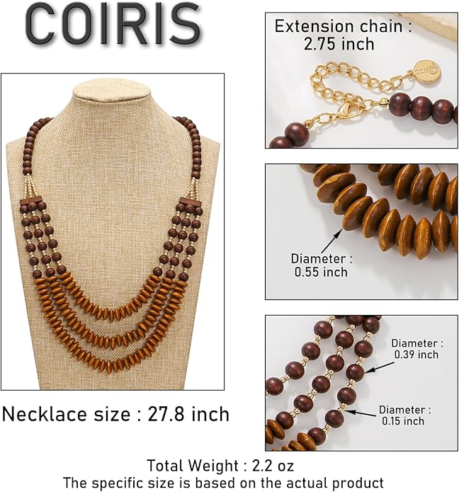 Coiris Layer Chunky Wood Beaded Necklace Exaggerated Statement Bead Collar Necklace Bib Necklaces