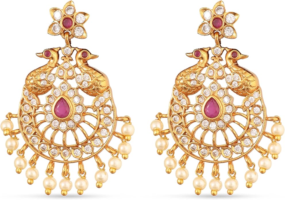 TARINIKA Brass Indian Choker Necklace Set - Gold Plated Cubic Zirconia Indian Jewelry Sets for Women Dangle, Drop, Jhumka Earrings Traditional Desi Necklace Pearls Gift for her