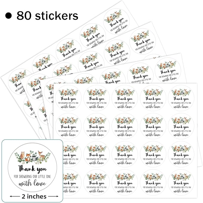 80 Pieces Thank You for Showering Our Little One with Love Woodland Creature Thank You Stickers, Baby Shower Birthday Party Decorate Watercolor Forest Woodland Animals Theme Label Decorations