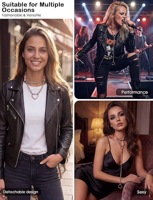 FEOYA Heart Choker Necklace for Women Hearts O-Ring Slip Chain Adjustable Punk Leather for Valentine Cosplay Gift