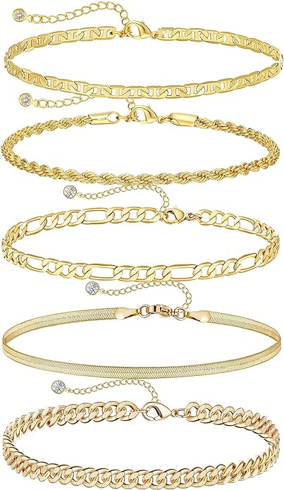 DEARMAY Dainty 14K Gold Plated Ankle Bracelets for Women, Waterproof 14K Gold Plated Link Chain Anklets Non Tarnish Set Pack Summer Beach Jewelry Gift